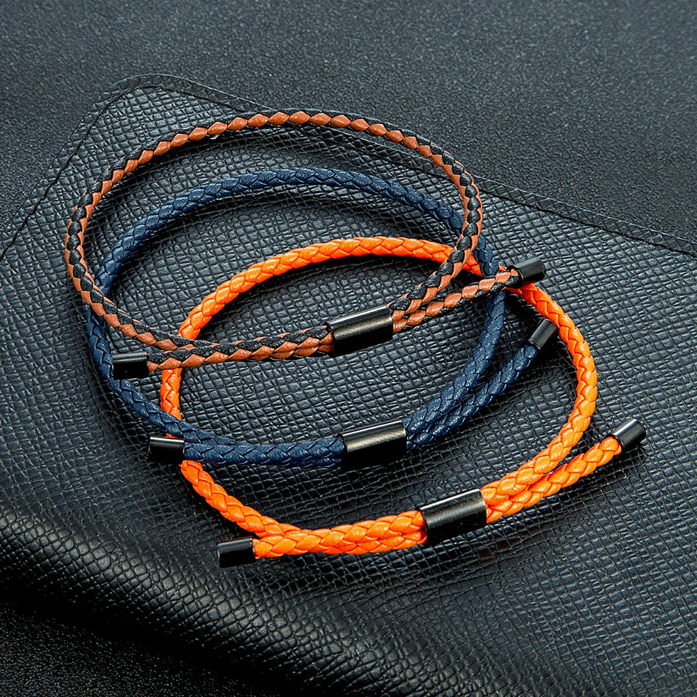 MKENDN Luxury Classic Men Jewelry 3mm Orange Braided Leather Bracelet Simple Adjustable Charm Bracelet for Men Women Gifts