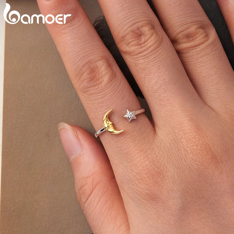 BAMOER Two-tones Moon&Star Open Ring 925 Sterling Silver Rings with Face Expression for Women Original Abstract Art Jewelry Gift
