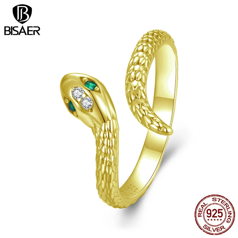 BISAER 925 Sterling Silver Viper Open Ring Size 5-9 Snake Green Zircon Eternity Band Plated Gold for Women Party Fine Jewelry