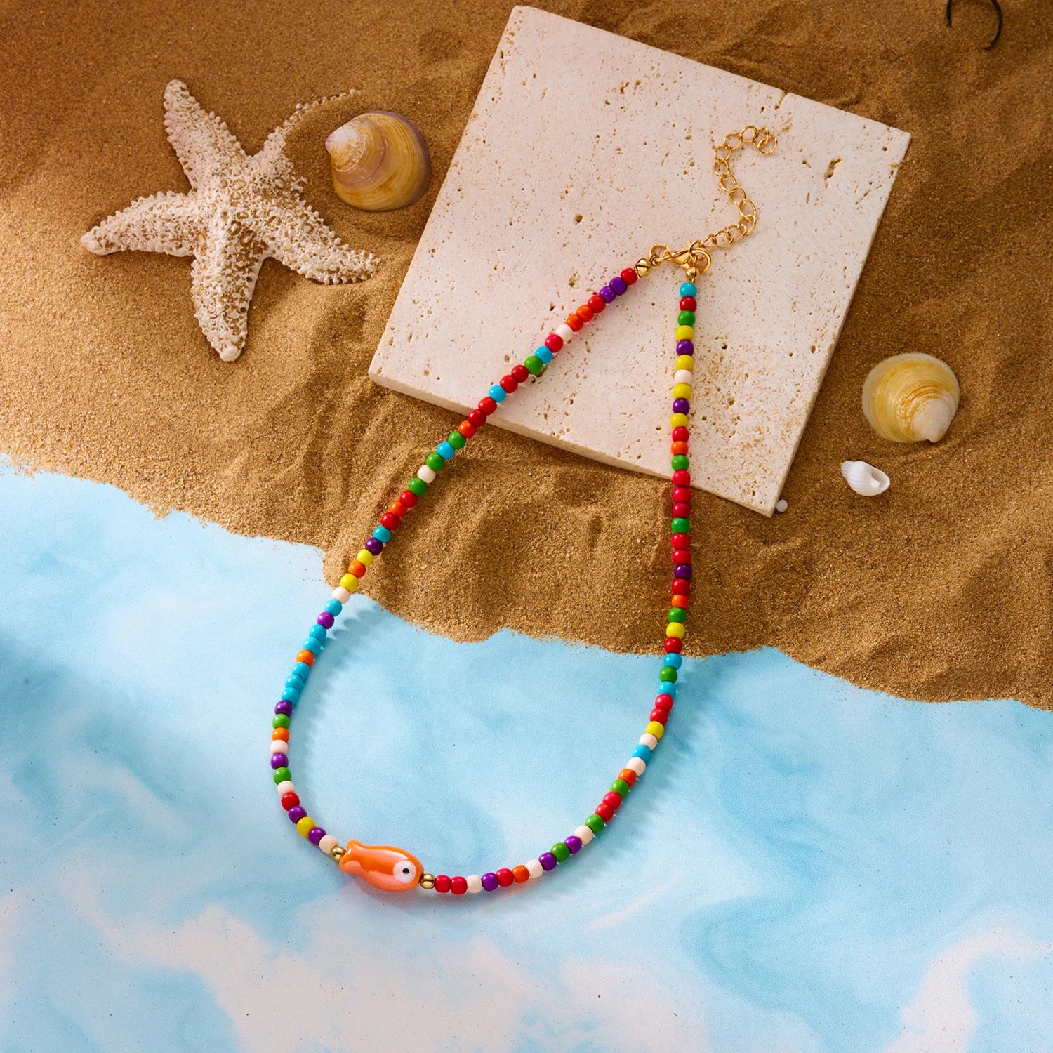 Colorful Ceramic Fish Beaded Necklace For Women Unisex Handmade Rice Beads Choker Beach Party Aesthetic Charm Jewelry Gifts