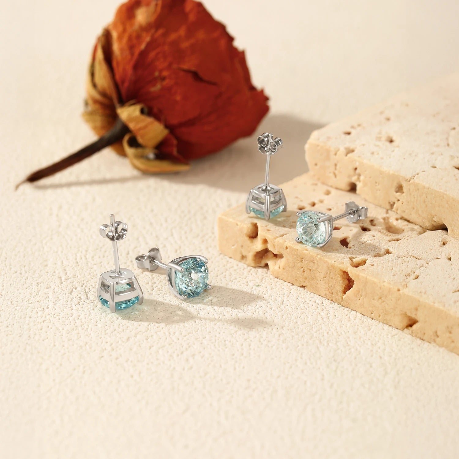 MODIAN 925 Sterling Silver Unisex Light Blue Firework Cut Zirconia Round Studs Earrings For Women And Men Fine Jewelry