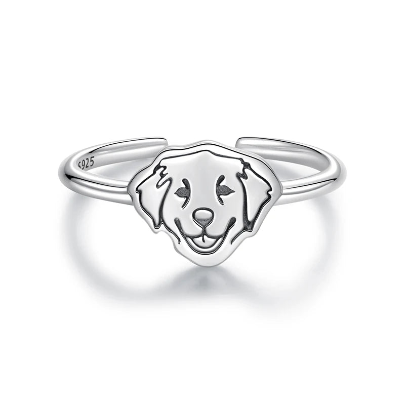 WOSTU Adjustable 925 Sterling Silver Dog Ring for Dog Lovers, Flat Cut Pet Animal Puppy Signet  Stacking Rings Girl Jewelry Gift
