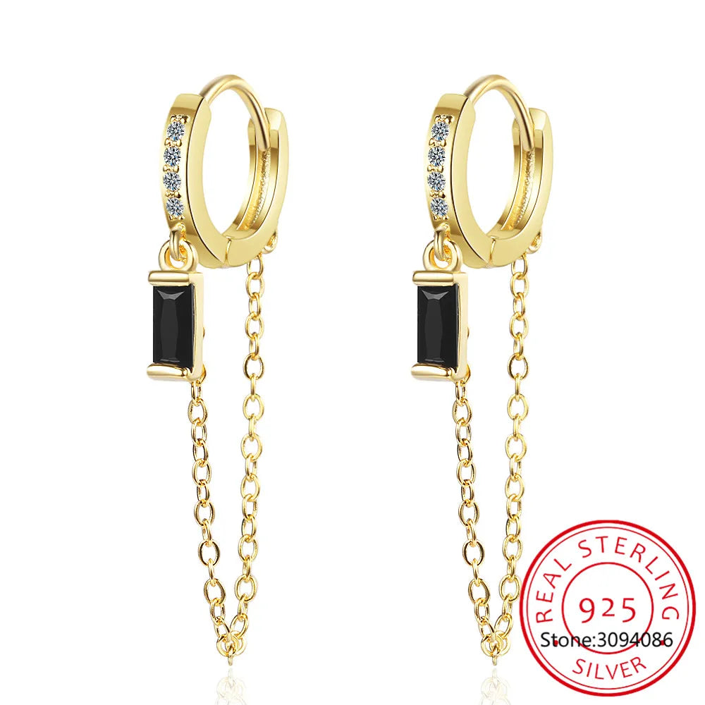 Boucles d'oreilles créoles en argent sterling 925 véritable, chaîne tendance, zircon noir, style huggy, pour femme, cadeau de mariage ou d'anniversaire, bijou raffiné DG0004