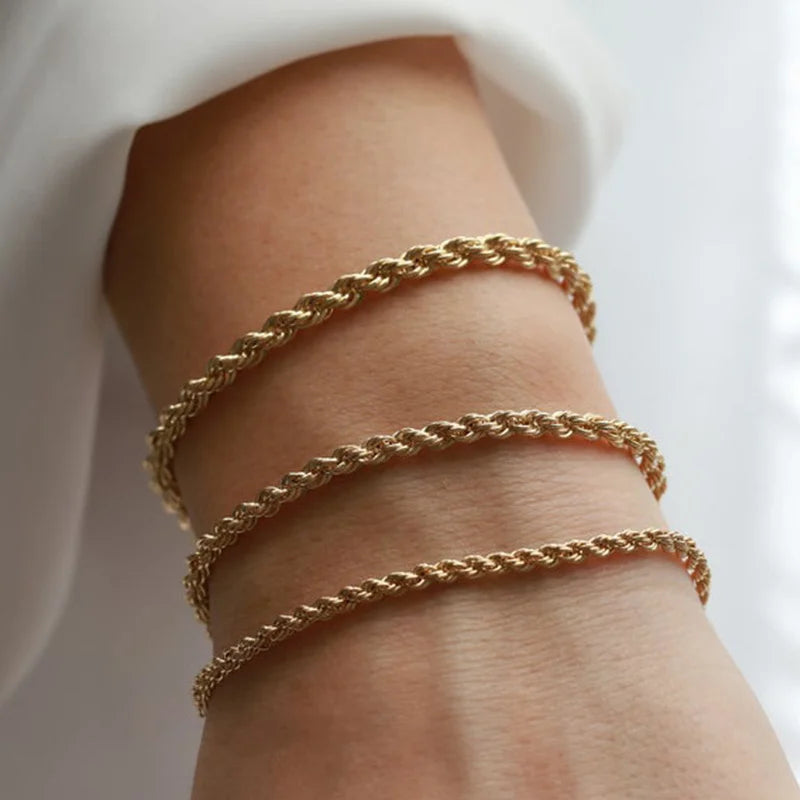 Vnox 2/3/4/5mm Twisted Chain Bracelets for Women Men, Gold Color Stainless Steel Link Chain, Adjustable Minimalist Metal Jewelry - Madeinsea©