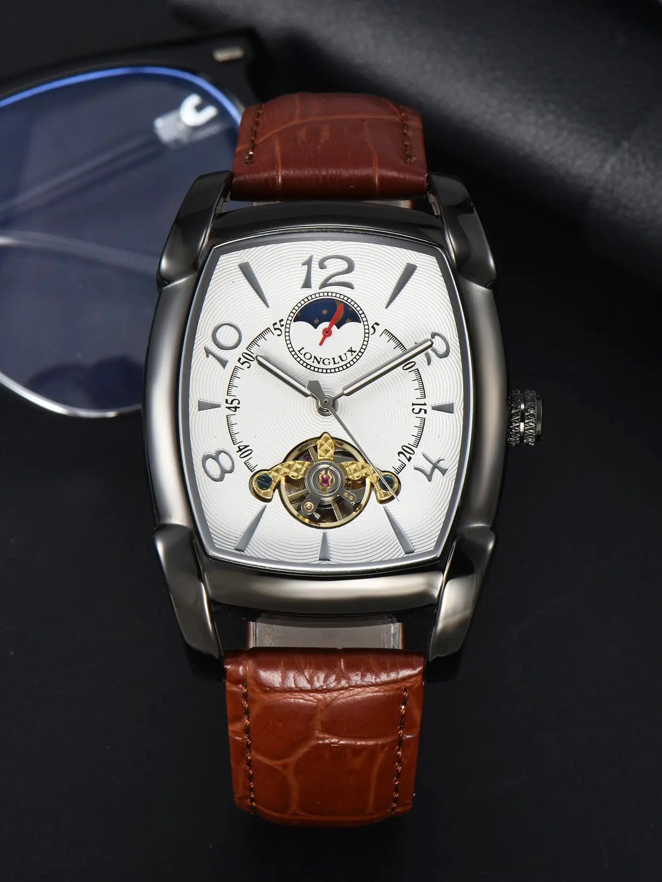 Men automatic mechanical watch moon tourbillon luxury watches leather waterproof skeleton wholesale gift watch