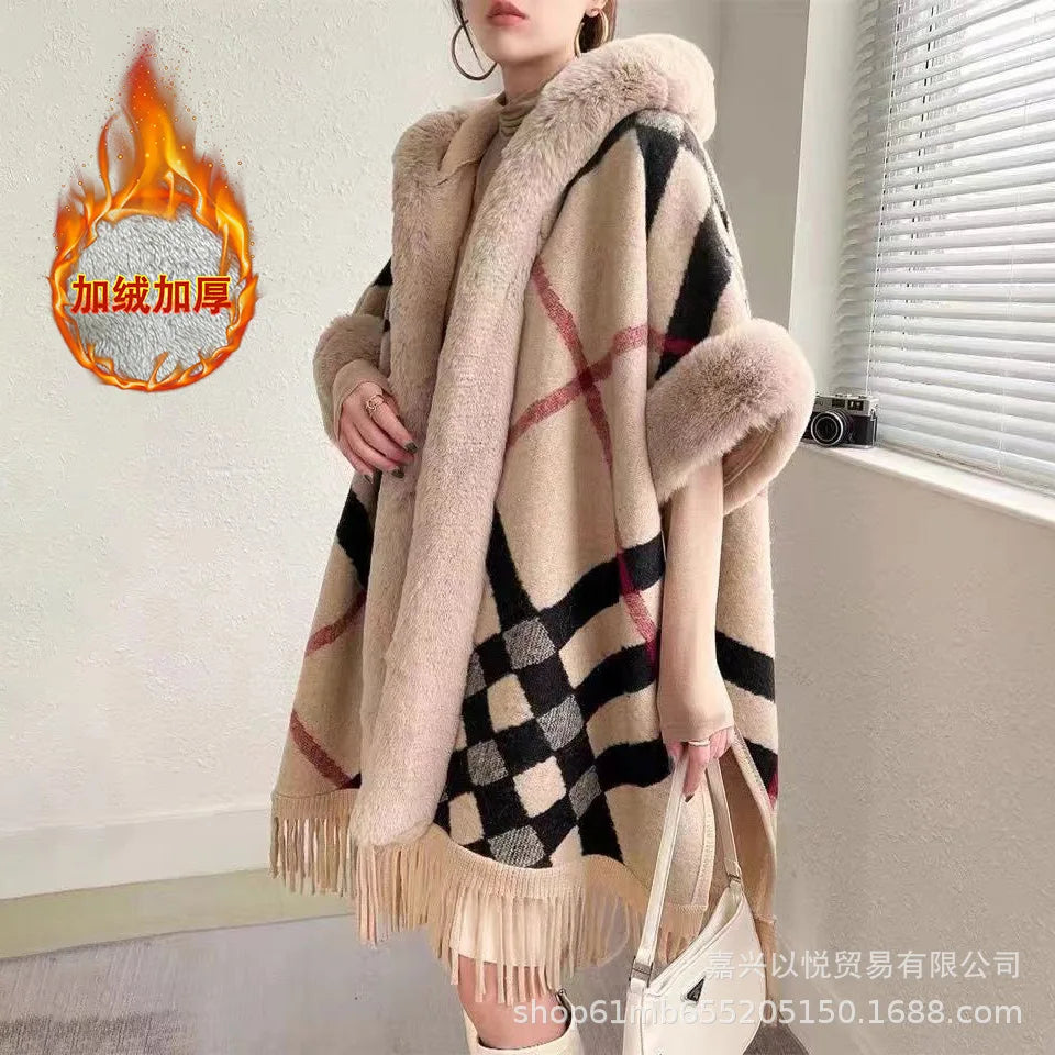 Faux Rabbit Fur Capes Coats Women Plaid Poncho Jackets Tassel Hooded Batwing Sleeves Open Stitch Loose Casual 2025 Autumn Winter