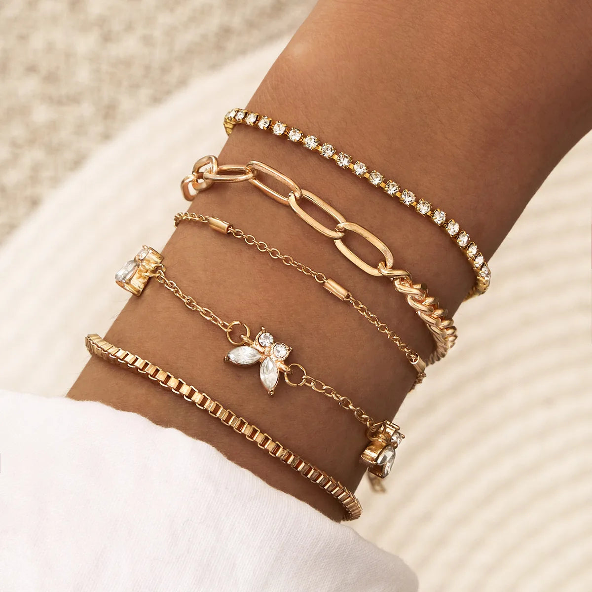 Trendy Geometric Link Chain Bracelet Set For Women Rhinestones Gold Color Leaves Heart Pendant Open Cuff Bangle Girls Jewelry - Madeinsea©