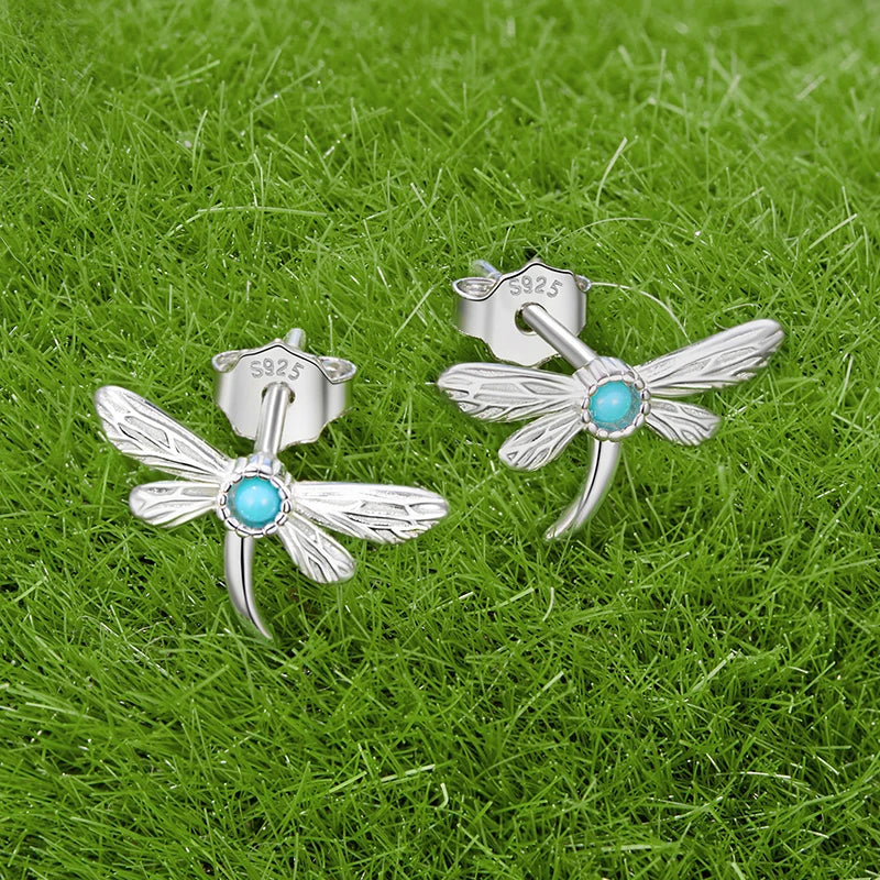 WOSTU 925 Sterling Silver Green Turquoise Dragonfly Stud Earrings Open Ring For Women Party Jewelry set Holiday Jewelry Gift