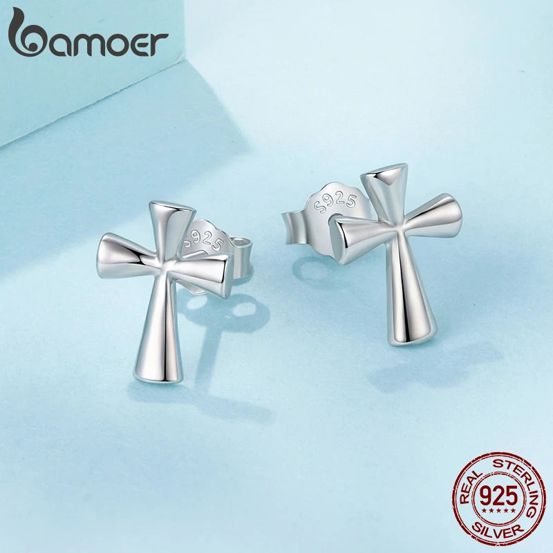 BAMOER 925 Sterling Silver Bold Cross Stud Earrings, Plated White Gold Religious Piercing CZ Earrings for Women Protection Gift