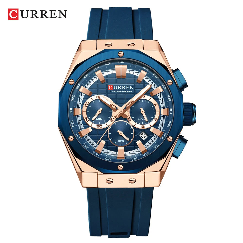 CURREN Casual Sports Quartz Watches for Men Silicone Band Business Chronograph Wristwatch with Date