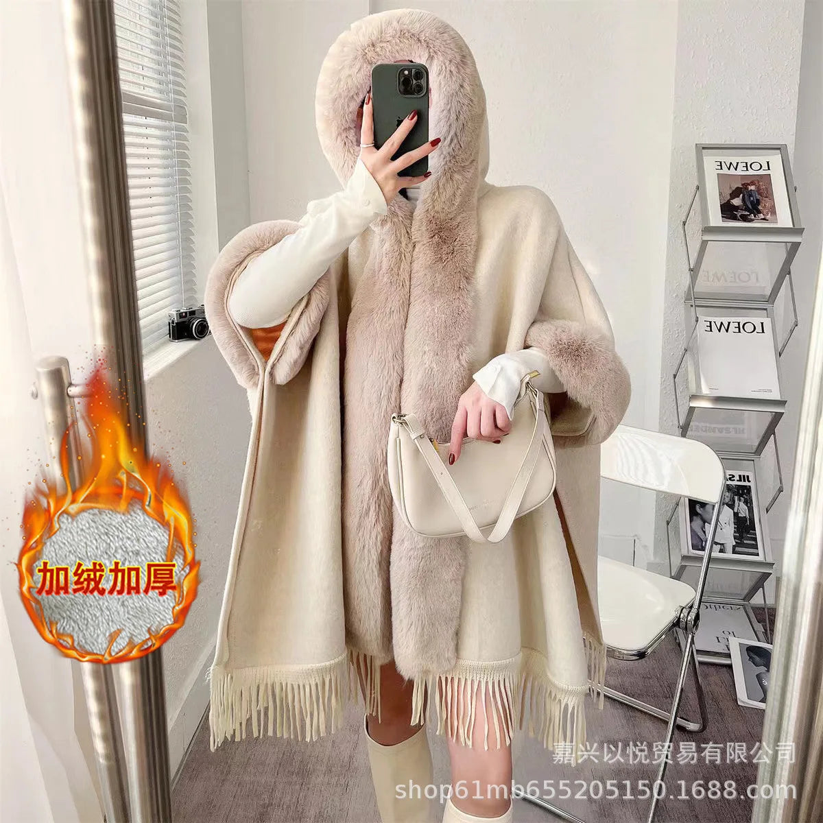 Faux Rabbit Fur Capes Coats Women Plaid Poncho Jackets Tassel Hooded Batwing Sleeves Open Stitch Loose Casual 2025 Autumn Winter