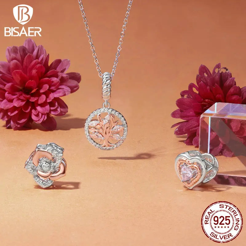 BISAER 925 Argent Sterling Petit Prince &amp; Rose Charm Perle Clochette Princesse Coeur Croix Coquillage Pendentif Fit DIY Bracelet Bijoux