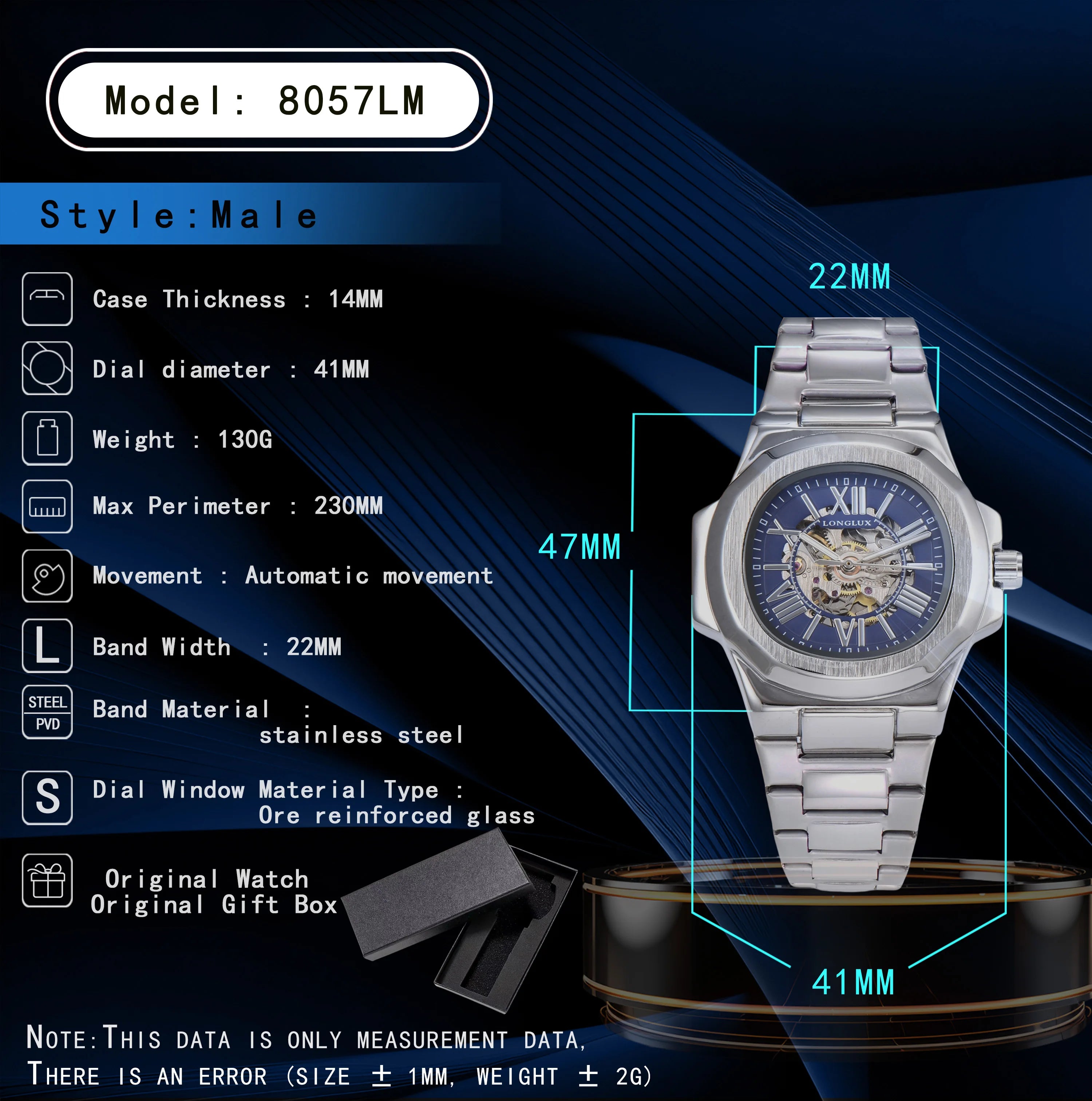 LONGLUX HOT SALE NEW automatic mechanical men watch rome business waterproof skeleton luminous stainless steel gift watch