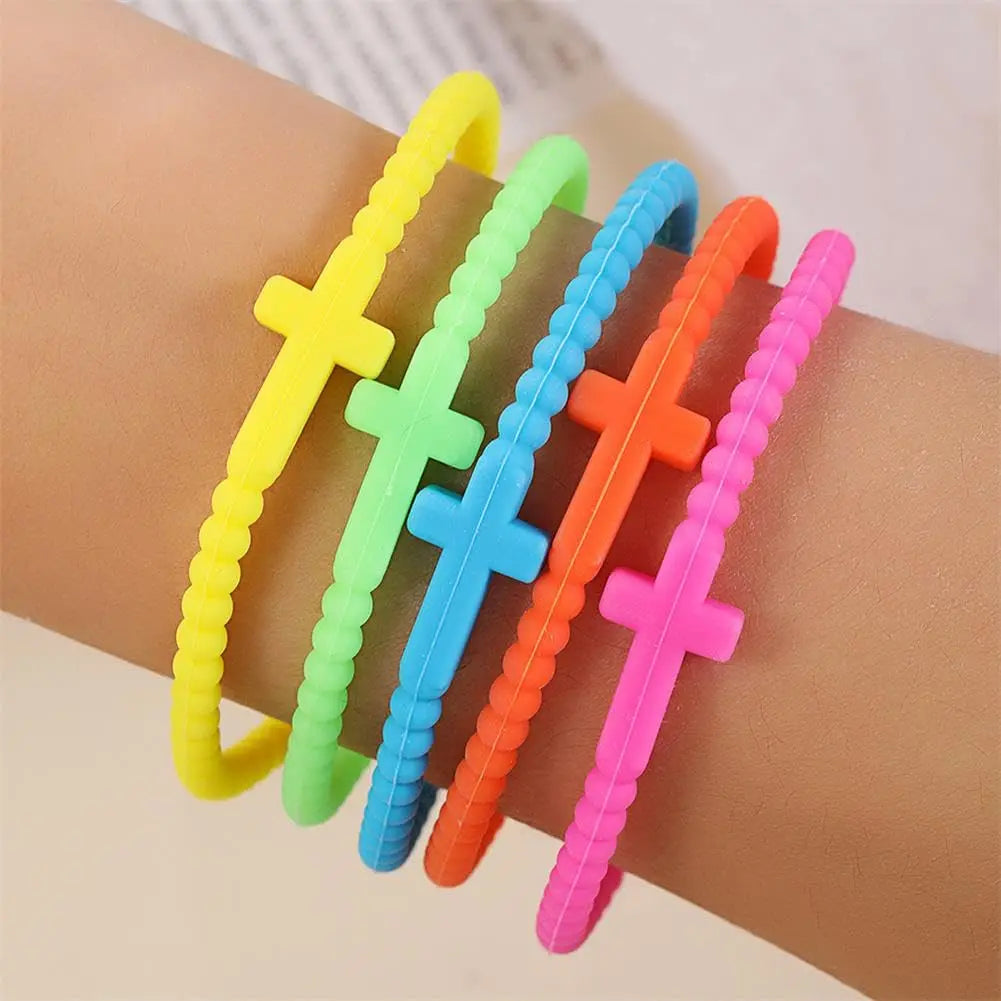 Simple Macaron Colored Bracelet for Women Cross Jesus Colorful Silicone Bracelets Friendship Party Minimalist Jewelry Sets