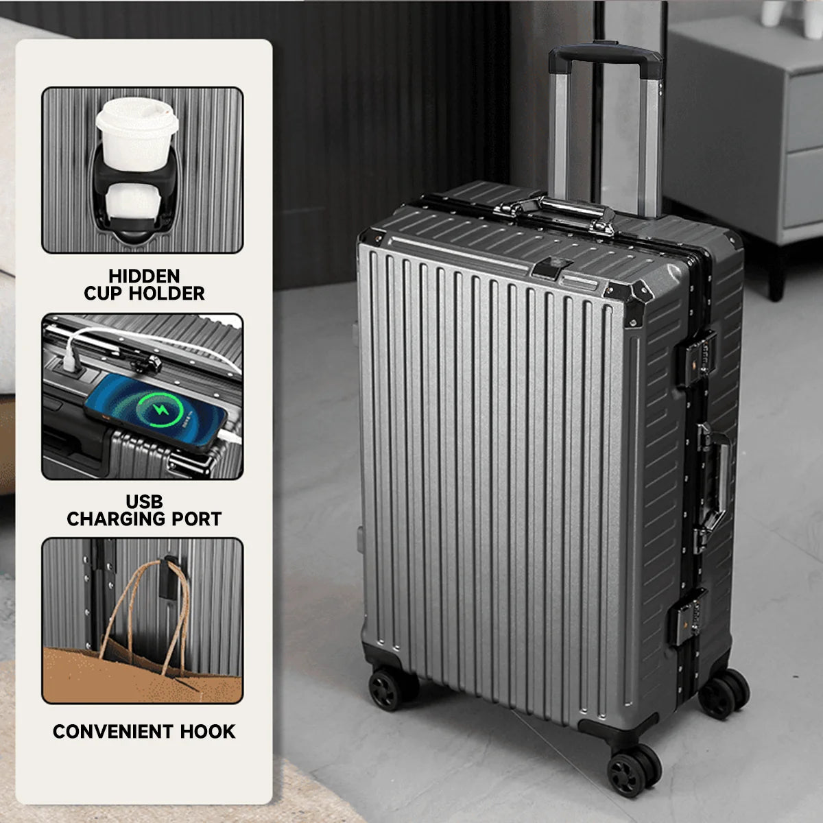 Trolley Luggage 20 24 26 28 Inch Aluminum Frame Rolling Luggage Case USB Travel Suitcase on Wheels Combination Lock Carry-On Luggage