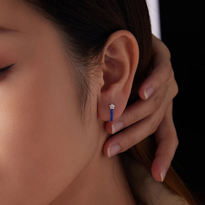 WOSTU 925 Sterling Silver Star Zircon Huggies Earrings For Women, Simple Blue Enamel process Ear Buckles Party Daily Wear Gift