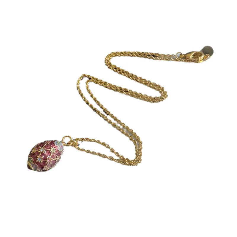 Fashion Jewelry Vintage Rus-Style Brass Enamel Easter Egg Necklace with Purple Flowers and Rhinestones Clavicle Chain for Women