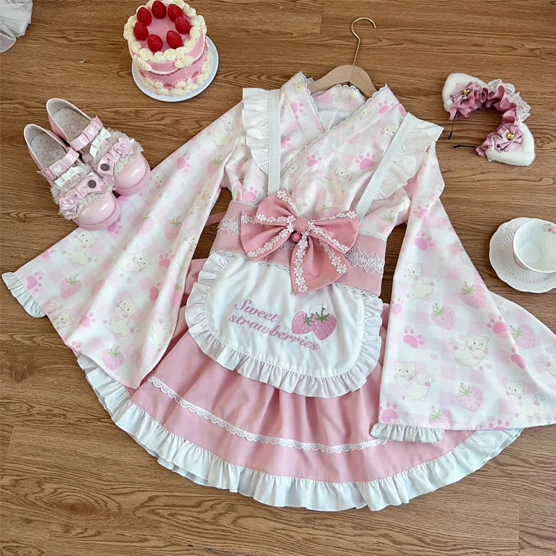 Japanese Sweet Lolita Kimono Dress Women Kawaii Strawberry Cat Print Bow Apron Maid Cosplay Costumes Girls Animation Show Dress