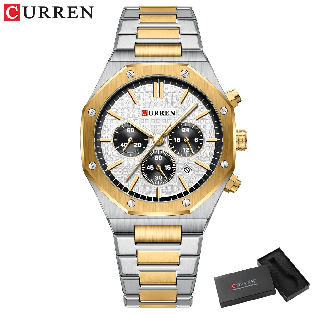 CURREN Fashion Casual Stainless Steel Band Quartz Wristwatches with Chronograph Waterproof Men's Watches