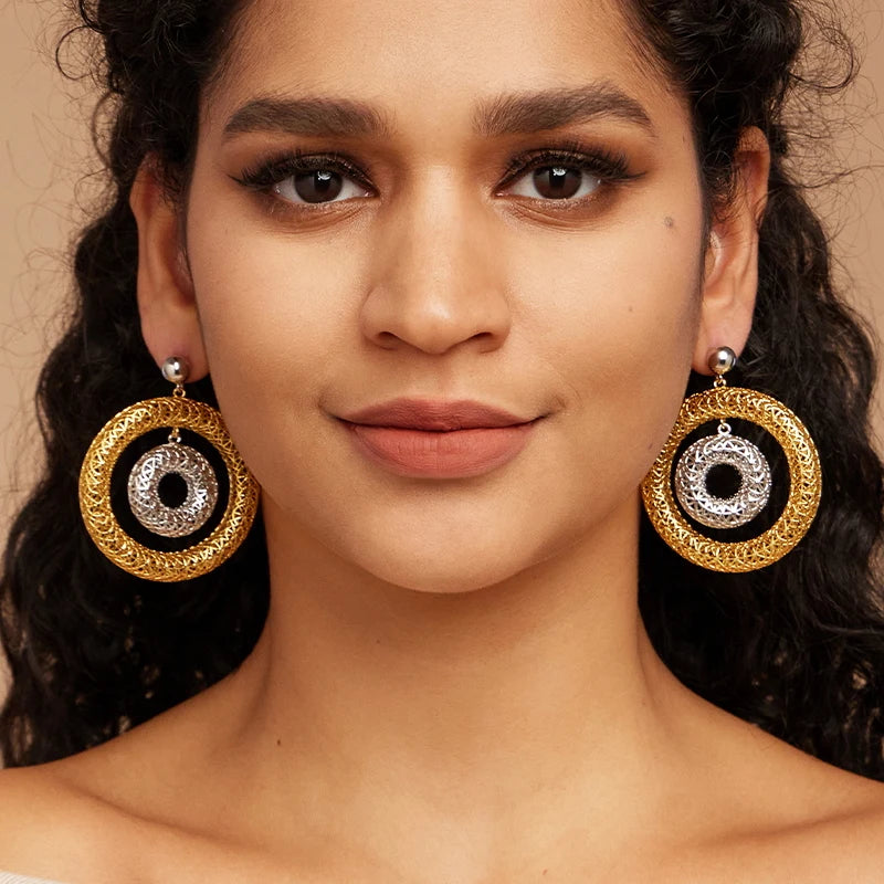IVOG Bicyclic Ring Hollowed Out Drop Earrings For Women Brass Gold Color Earrings Fashion Luck Jewelry official-website
