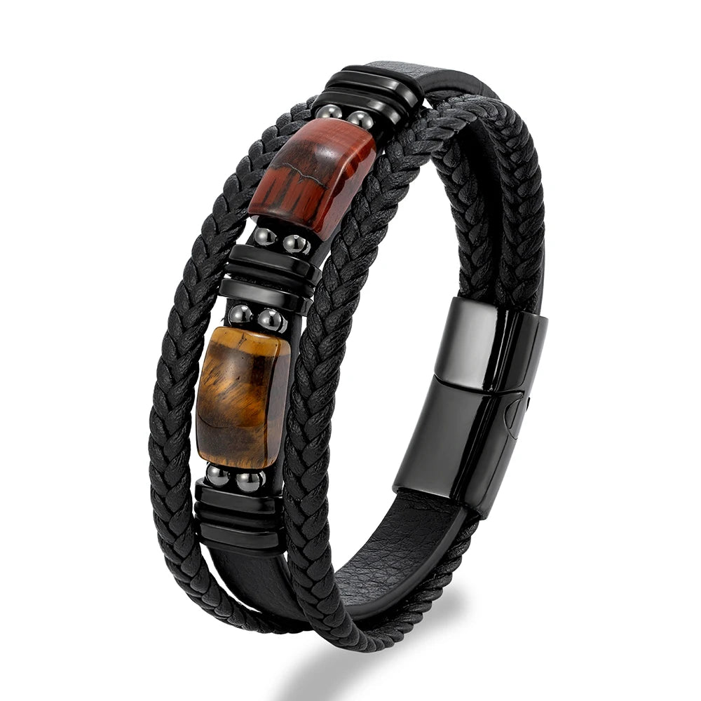 MKENDN Natural Tiger Eye Stone Men Bracelet Handmade MultiLayer Braided Leather Bangles Black Stainless Steel Jewelry
