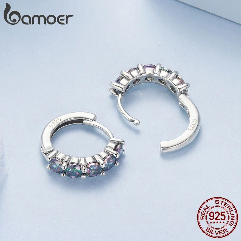 BAMOER 925 Sterling Silver Rainbow Hoop Earring Iridescent Purple Full Zircons Ear Cuff for Women Dazzling Birthday Jewelry Gift