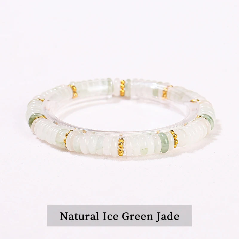 JD Natural Stone Green Aventurine Pink Quartz Flat Spacer Beads Bracelet Women Men Bohe Elastic Bangles Healing Friendship Gift - Madeinsea©