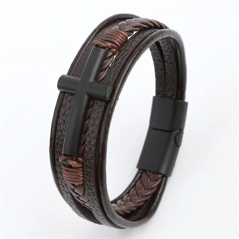 Classic Men's Leather Bracelet Cross Charm Choose Multilayer Hand Woven Bracelets Male Bangles Gifts Jewelry 19/21/23cm