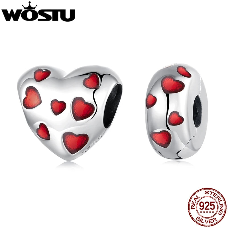 WOSTU Solid 925 Sterling Silver Enamel Red Heart Charms Clips Beads Fit Original Bracelet DIY Gift For Lover Daughter Mom