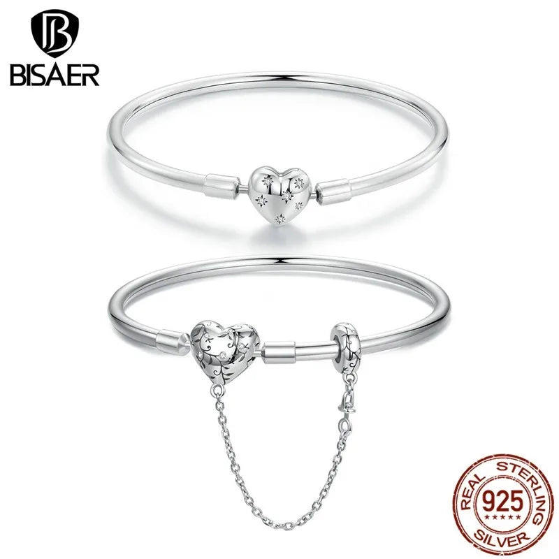 BISAER 925 Sterling Silver Heart Bracelet Dainty Starry Basic Bracelet Plated White Gold for Women DIY Charm Bead Fine Jewelry
