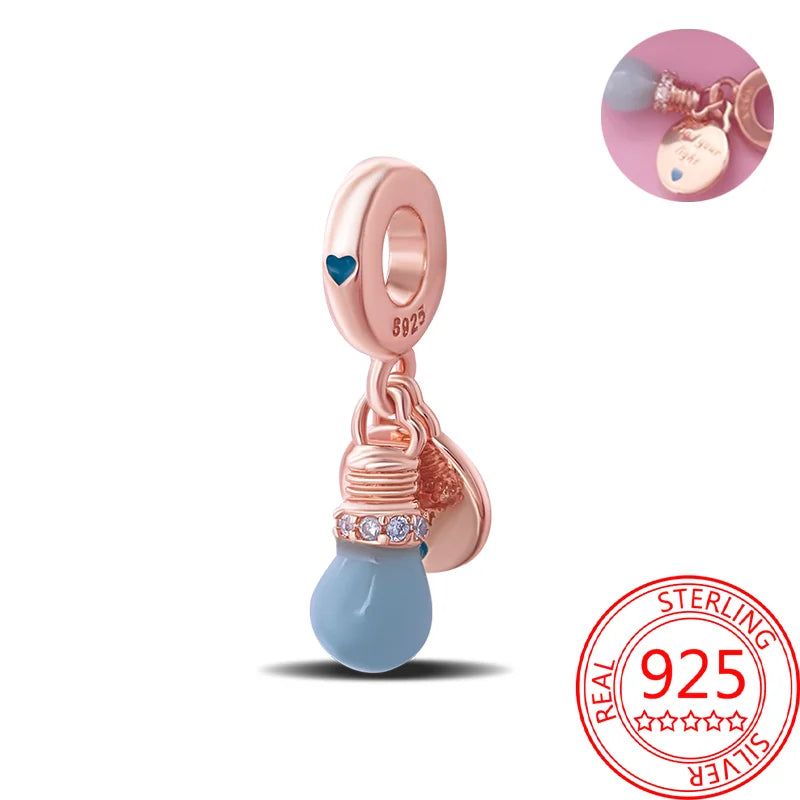 925 Sterling Silver Real Rose Gold Pink Octopus Summer Turtle Heart Dangle Charm Fit Original Bracelet Necklaces Bracelet Girl