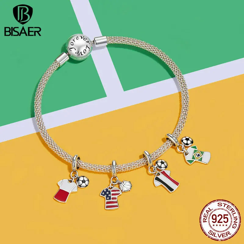 BISAER 925 Sterling Silver Kettlebell Volleyball Dumbbell Pendant Basketball Charm Bead For Women DIY Bracelet Fine Jewelry Gift