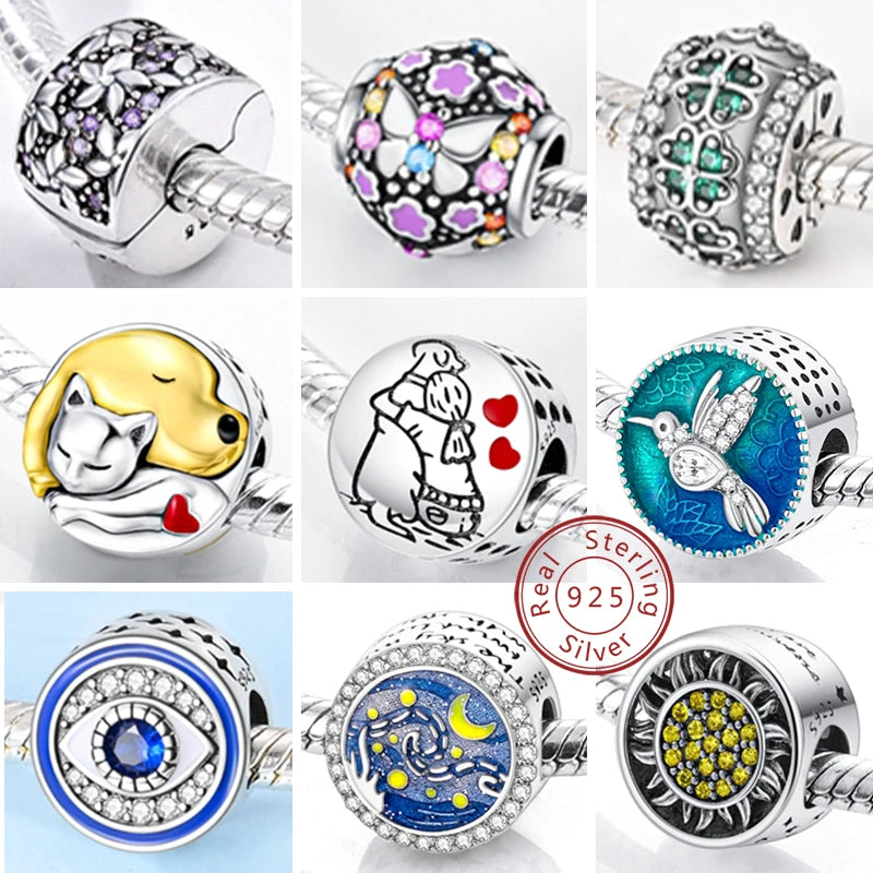 Breloque en argent sterling 925 avec clip et chaîne de sécurité, perles rondes en pavé de zircones cubiques adaptées aux bracelets originaux, fabrication de bijoux