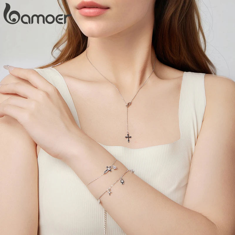 BAMOER  Corss Pendant Necklace Infinite Love Choker Y Chain Link for Women Girls 925 Sterling Silver Eternal Faith Jewelry Gift