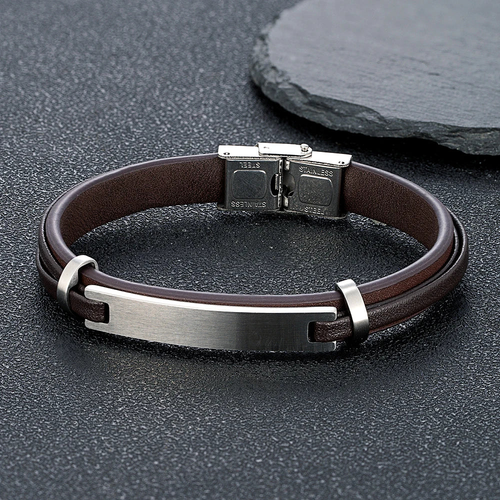 MKENDN Unique Brushed Stainless Steel Genuine Leather Bracelets for Men Women Layered Bangle Causal Pulseira Logo Name Gift