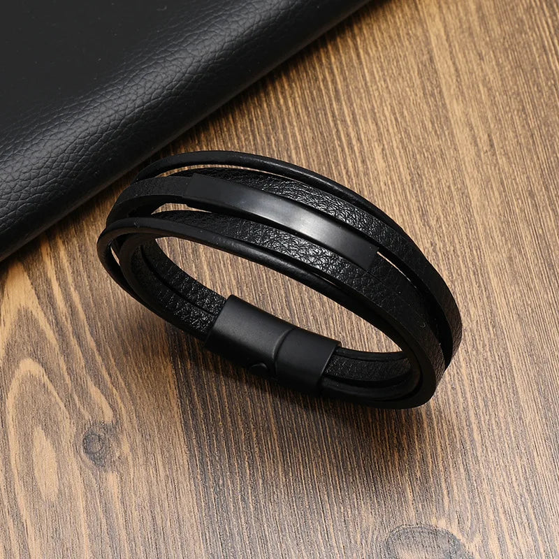 New Men's Leather Braided Bracelet Alloy Magnet Buckle Multilayer Leather Bracelet Retro Simple Bracelet Wholesale