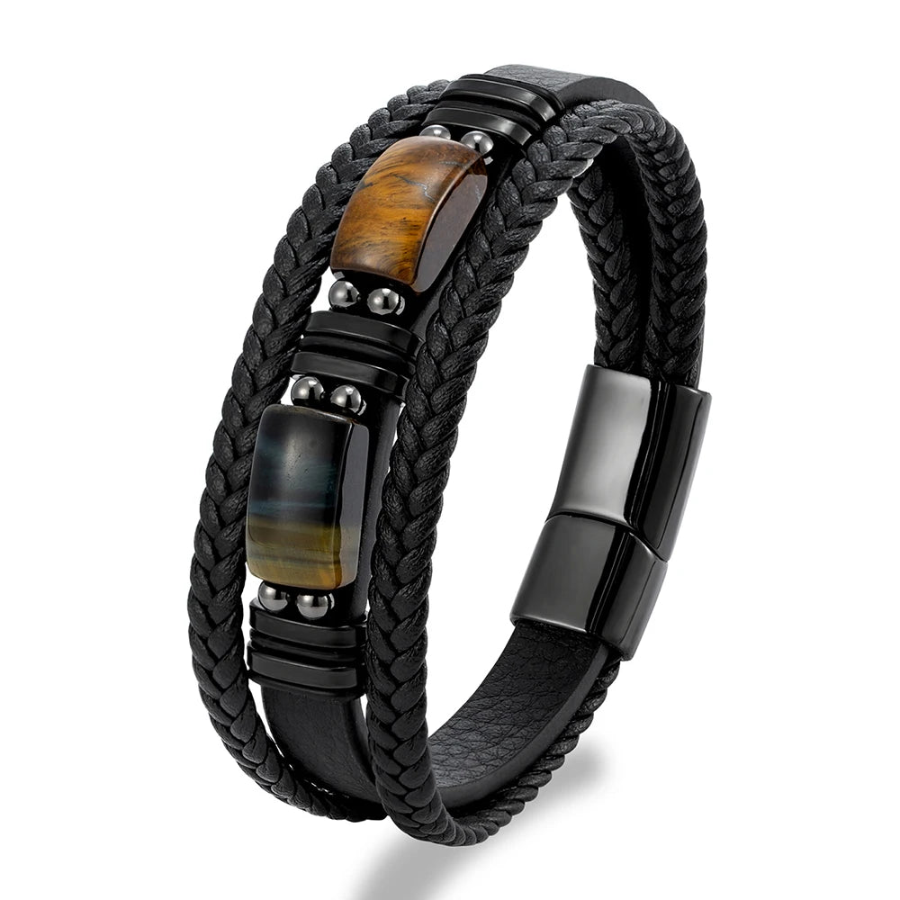MKENDN Natural Tiger Eye Stone Men Bracelet Handmade MultiLayer Braided Leather Bangles Black Stainless Steel Jewelry