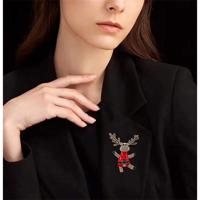 Full Rhinestone Lovely Dancing Deer Brooches For Women Colorful Zircon Snowman Santa Claus Wreath Lapel Pins Christmas Jewelry
