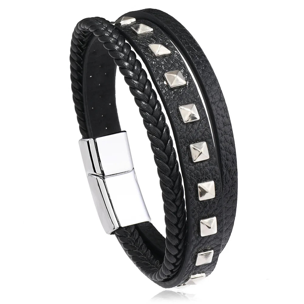 Trendy  Leather Bracelets Men Stainless Steel Multilayer Braided Rope Bracelets For Male Bracelets Jewelry Pulsera Hombre
