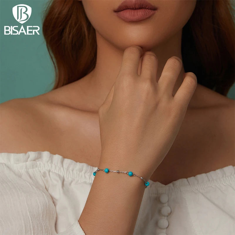 Bracelet BISAER en argent sterling 925 avec turquoise et perles rondes réglables, chaîne plaquée or blanc pour femme, bijoux fins de fête, cadeau
