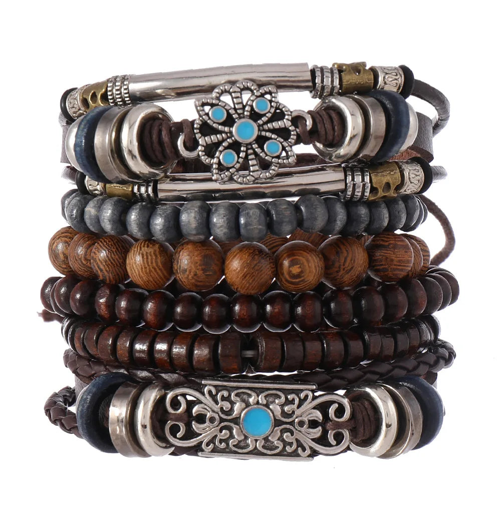 Bohemia Ethnic Leather Bracelets For Men Vintage Flower Wooden Bead Multi Layer Men’s Bracelets Gifts For Friend