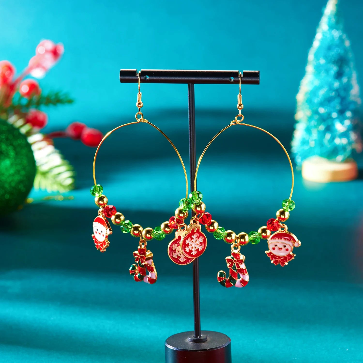 Christmas Cute Santa Claus Snowflake Dangle Earrings for Women Colorful Crystal Beaded Zircon Earrings New Year Party Jewelry