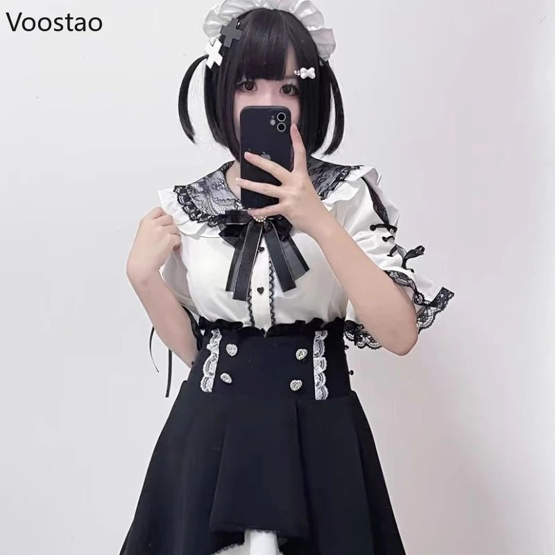 Victorian Gothic Lolita Bow Blouses Japanese Style Sweet Bandage Short Sleeve Lace Peter Pan Collar JK Shirt Women Punk Y2k Tops