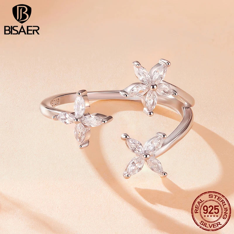 BISAER 925 Sterling SilverAutumn Leaves Open Ring Sparkling Leaf Zircon Band Plated White Gold for Women Party Fine Jewelry Gift
