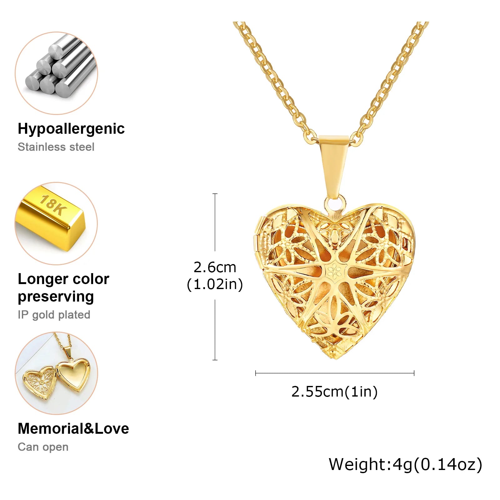 Vnox Light Heart Locket Pendants for Women Men Openable Photo Frame Glossy Stainless Steel Necklaces Family Love Collar
