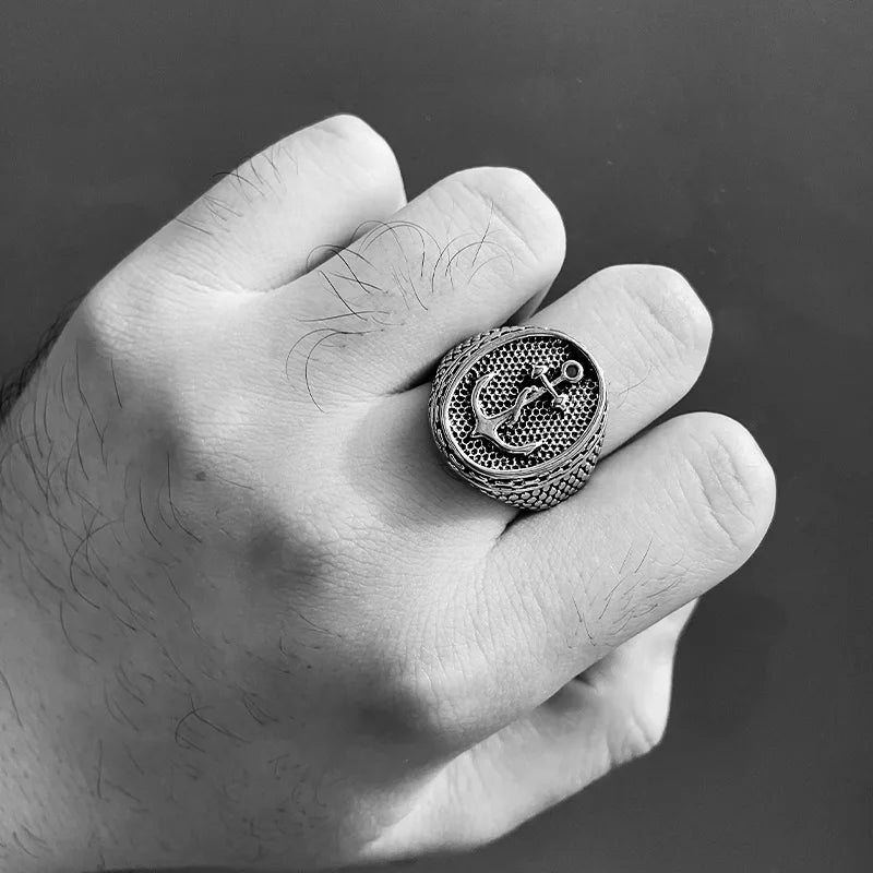 Retro Anchor Navy Marine Large Ring For Men Silver Color Punk Gothic Rock Hiphop Ring Pirate Biker Accessories Designer Jewelry