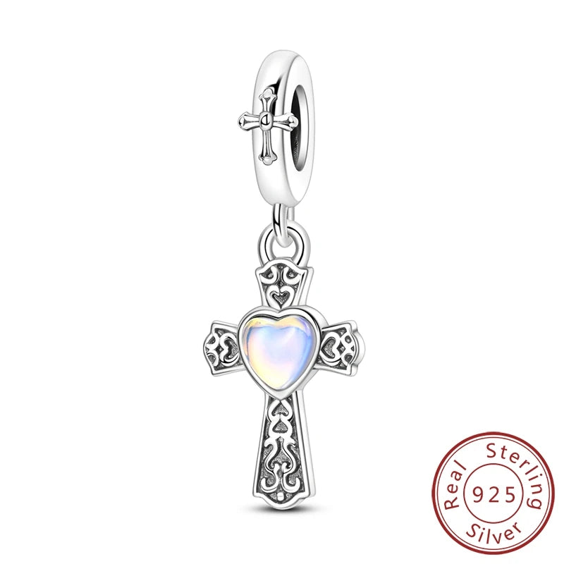 100% 925 Sterling Silver Charms Beads Bible Zircon Cross Jesus Both Hands Pray Fit 925 Original Bracelets Fine DIY Party Jewelry