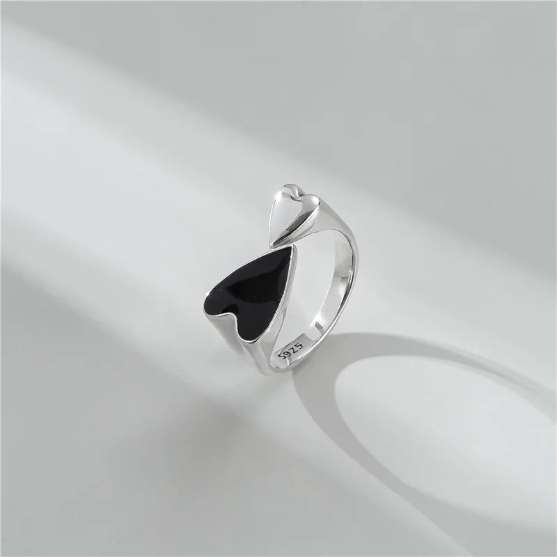 925 Sterling Silver Unique Ring For Women Jewelry Finger Adjustable Vintage Black Heart Ring For Party Birthday Gift
