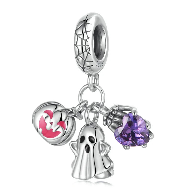 WOSTU Original Halloween Charm Series , 925 Sterling Silver Halloween Pumpkin Black Ghost Bead