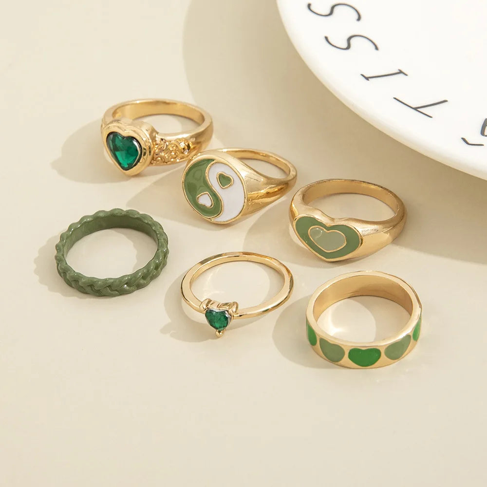 New Green Crystal Heart Kunckle Rings Set For Women Enamel Yin Yang Geometric Finger Ring Girls Fashion Jewelry